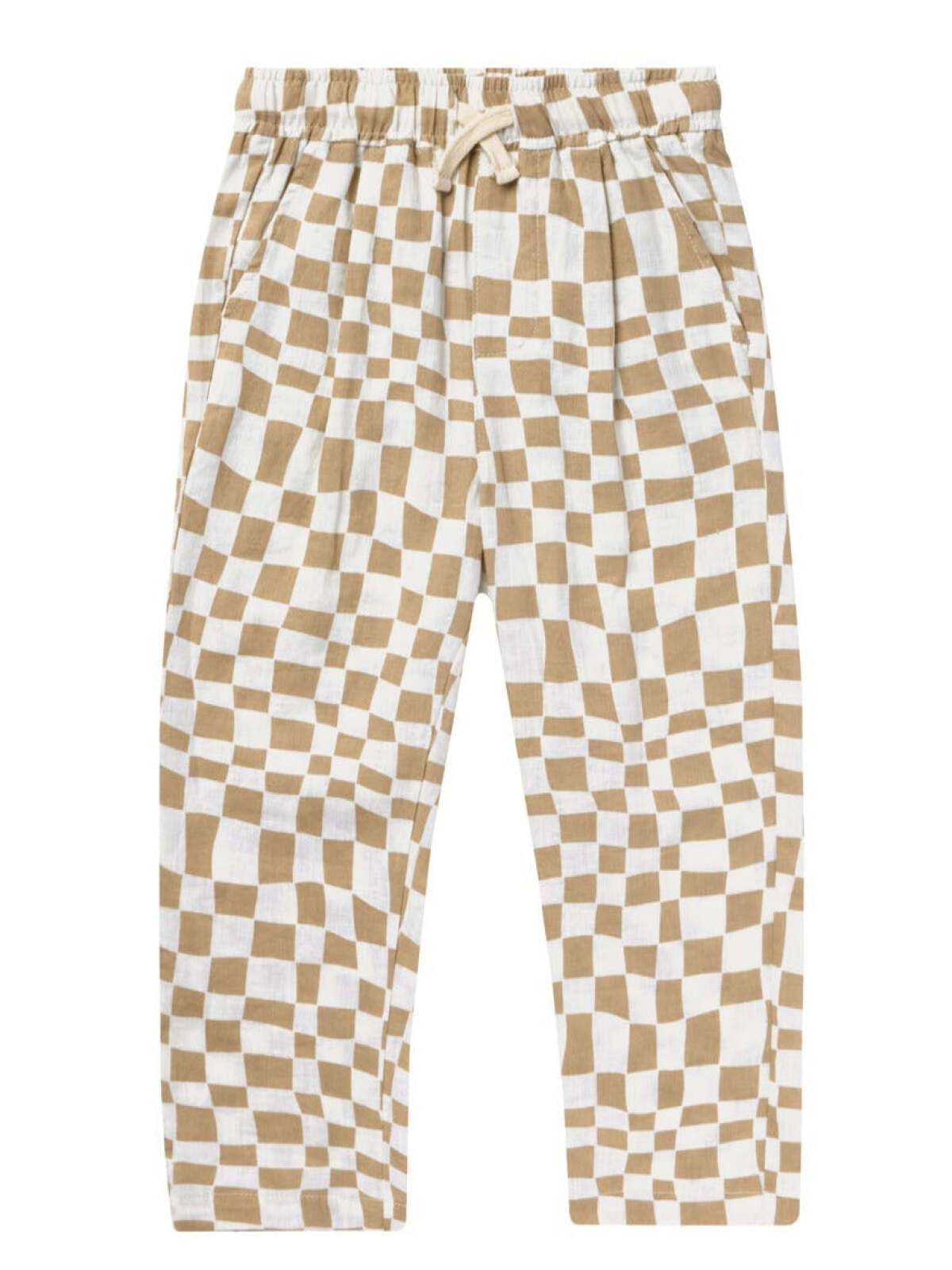 Beige and white checkered pants with an elastic waistband and drawstring. Suitable for casual wear.