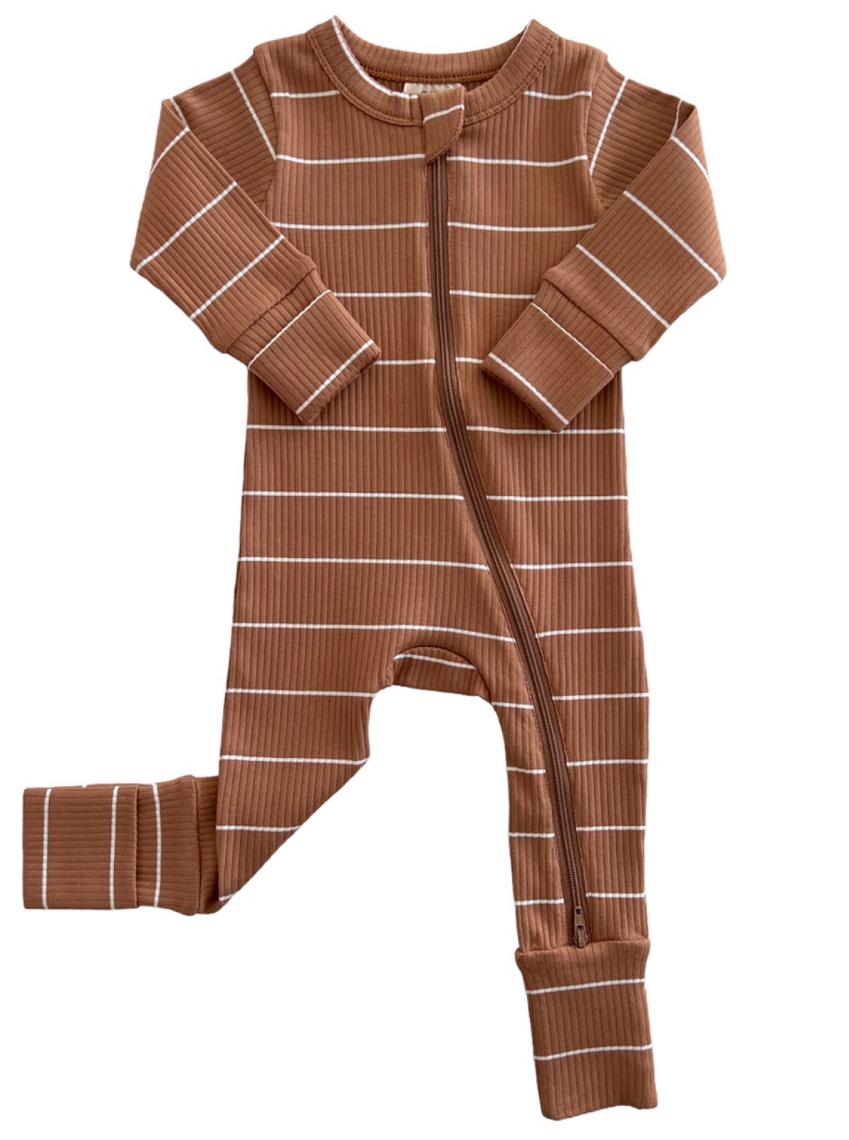 Brown striped baby onesie with long sleeves and front zipper closure. Soft ribbed material for comfort.
