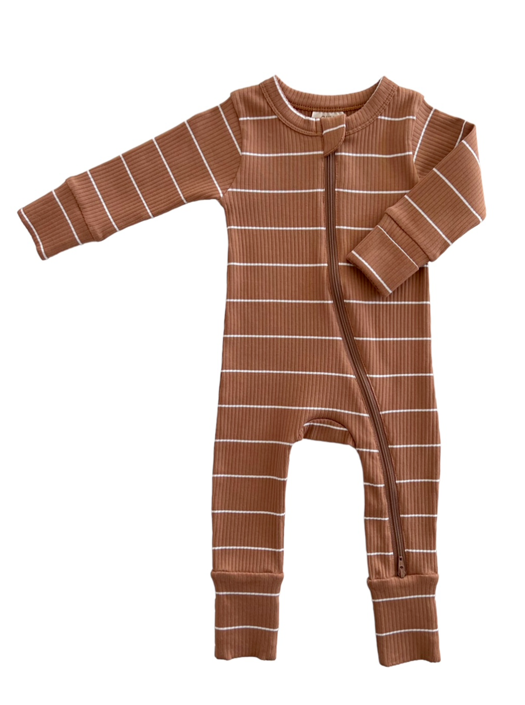 Brown striped infant onesie with a front zipper and long sleeves. Ideal for comfort and style.