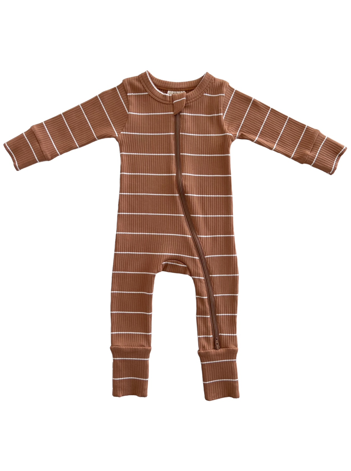 Brown striped infant onesie with long sleeves and zipper closure. Ideal for comfort and style.