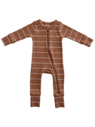 Brown striped infant onesie with long sleeves and zipper closure. Ideal for comfort and style.