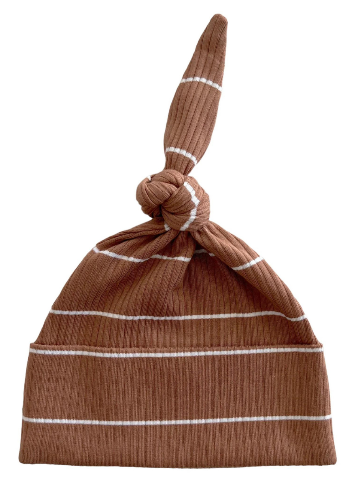 Brown striped baby beanie with a knotted top, made from soft ribbed fabric.