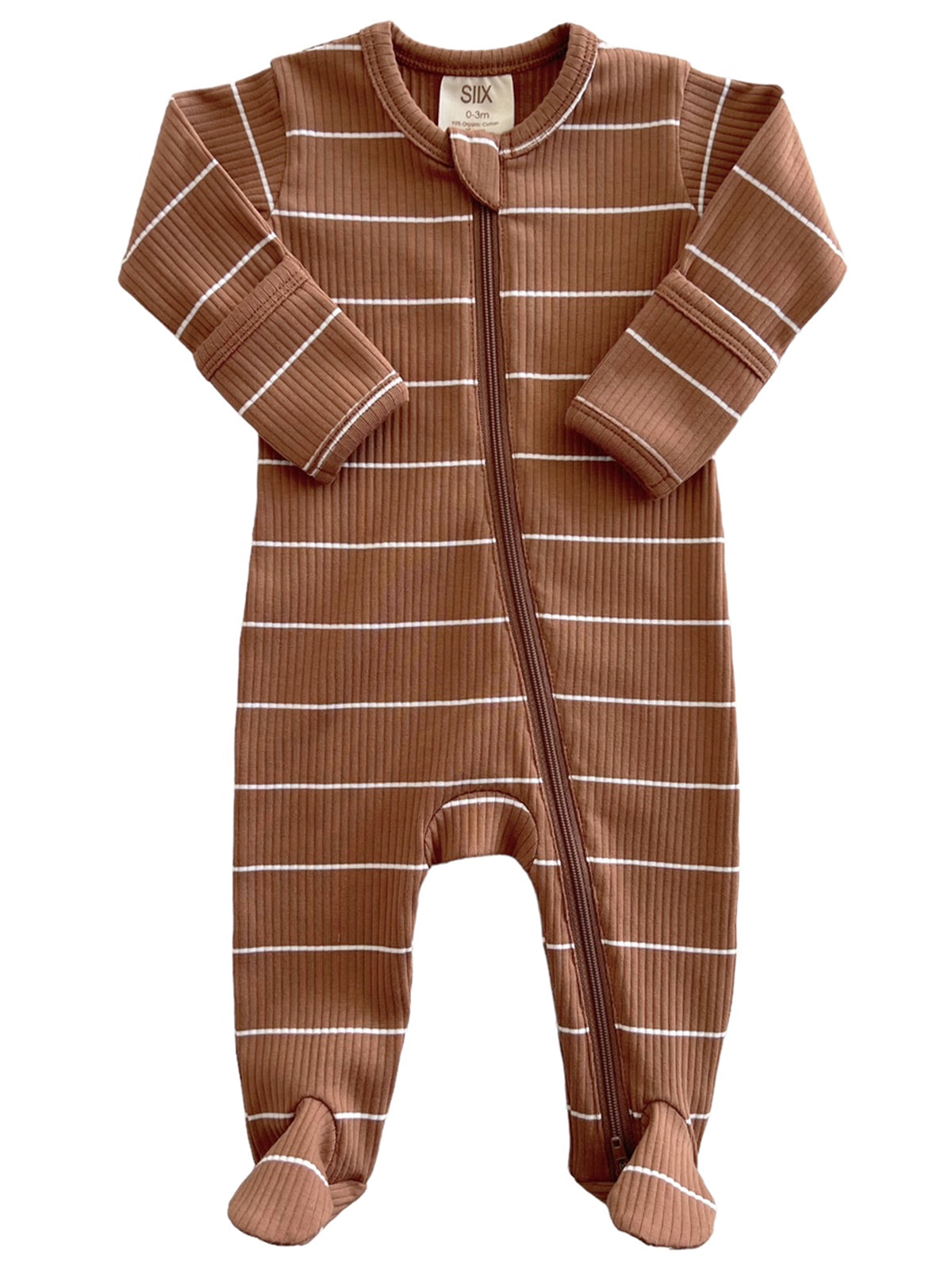 Brown striped baby onesie with footed design and front zipper closure, suitable for infants 0-3 months.