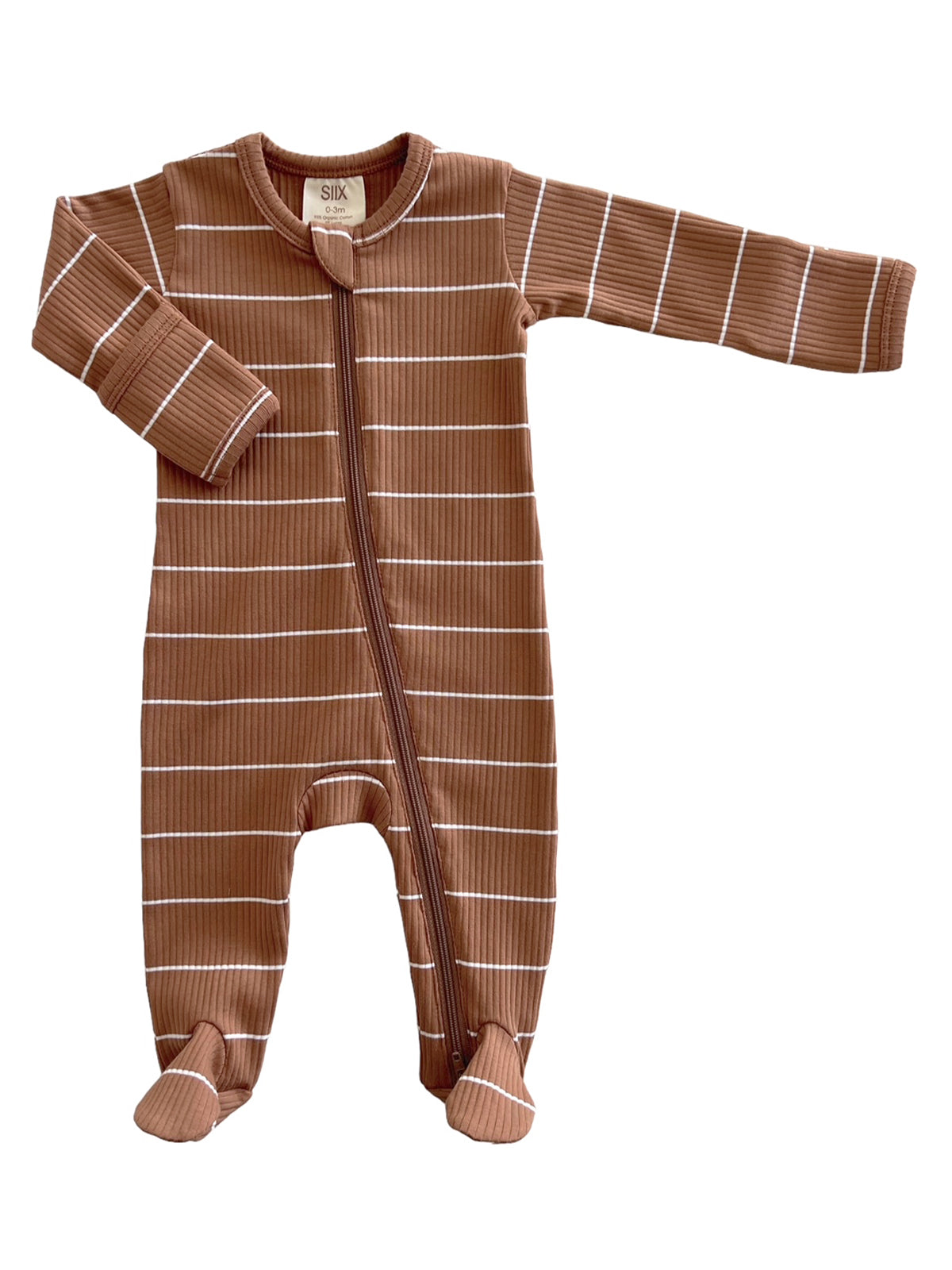 Brown striped baby onesie with a front zipper and footed design, perfect for infants.