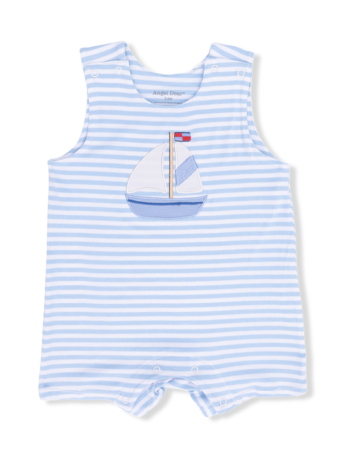 Light blue striped onesie with sailboat embroidery, ideal for infants aged 3-6 months.