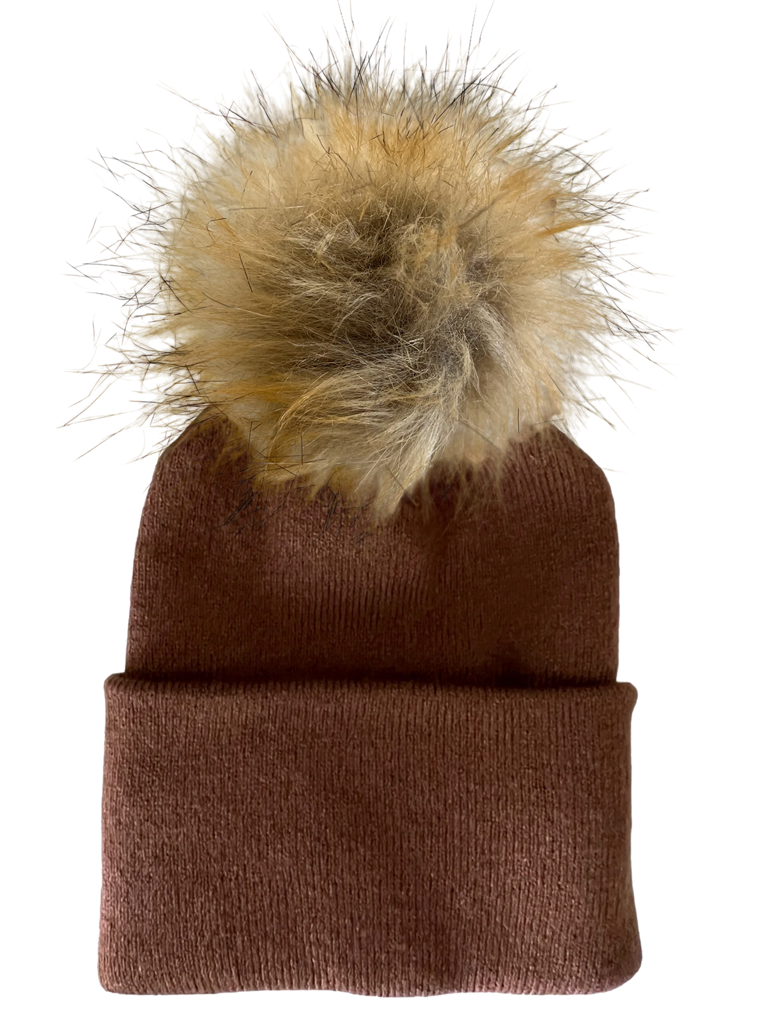 Brown knitted beanie with a fluffy tan pom-pom on top, ready for winter wear.