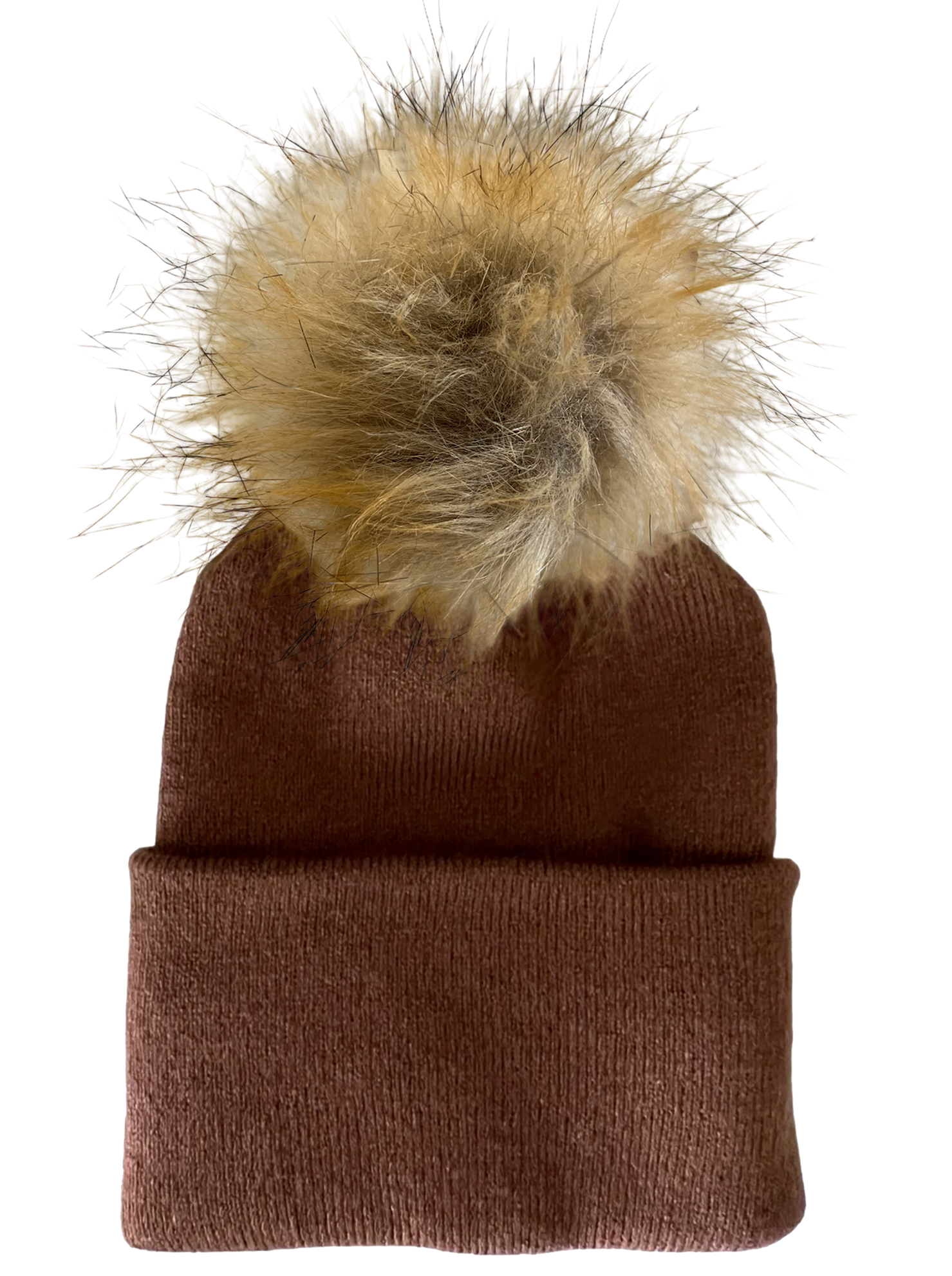 Brown knitted beanie with a fluffy tan pom-pom on top, ready for winter wear.
