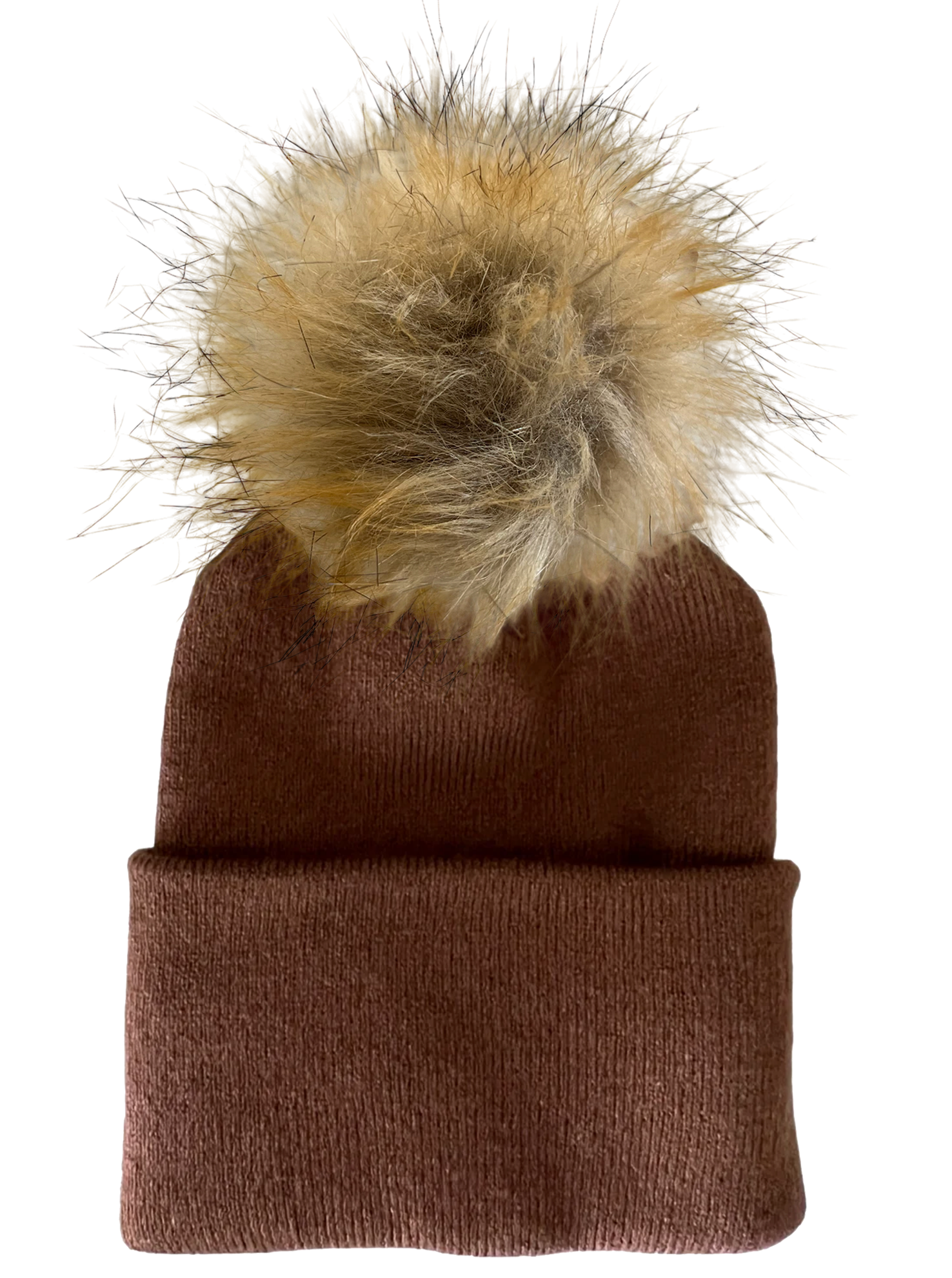 Brown knitted beanie with a fluffy tan pom-pom on top, ready for winter wear.