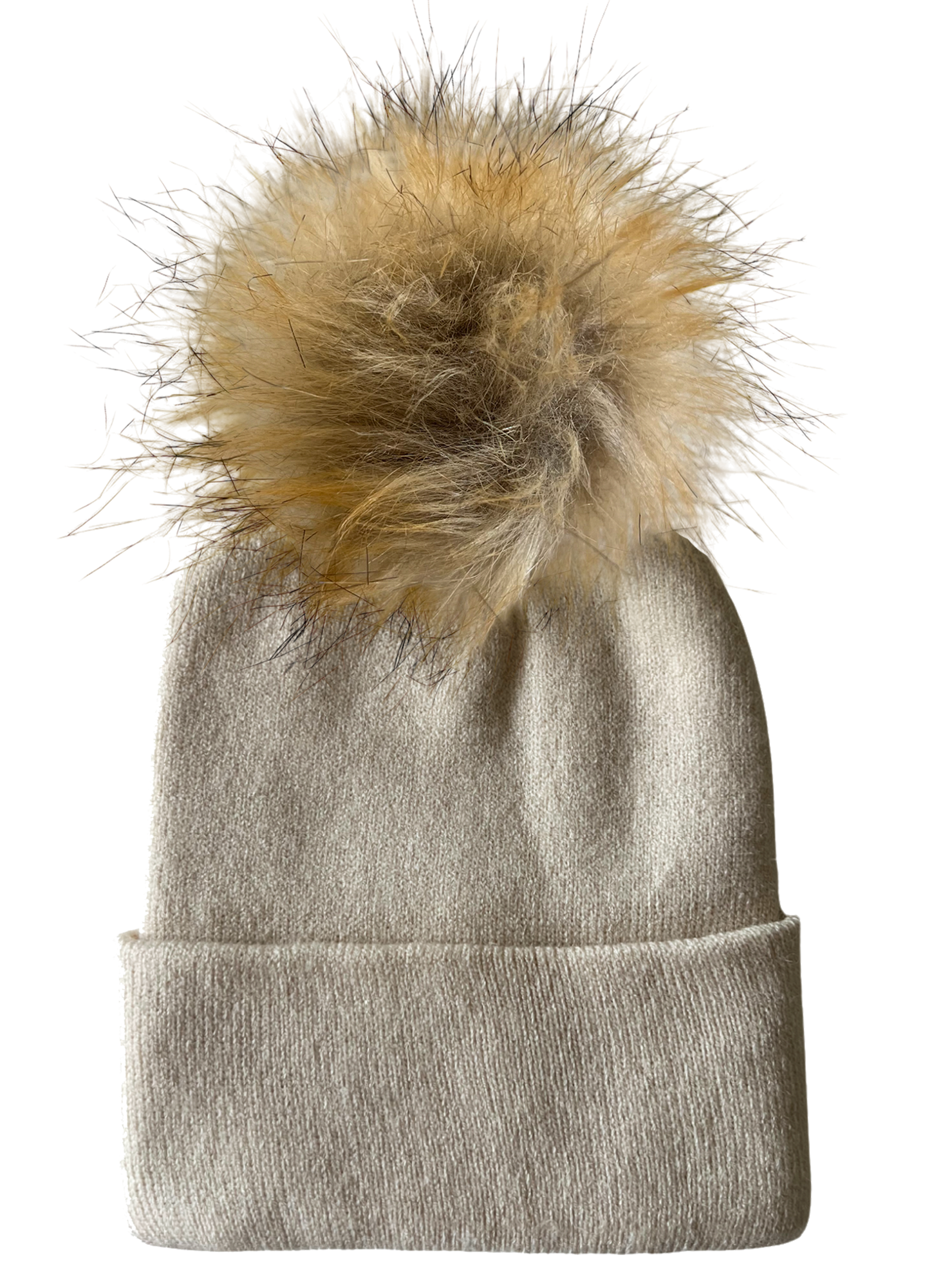 Light beige beanie hat with a fluffy beige pom-pom on top.
