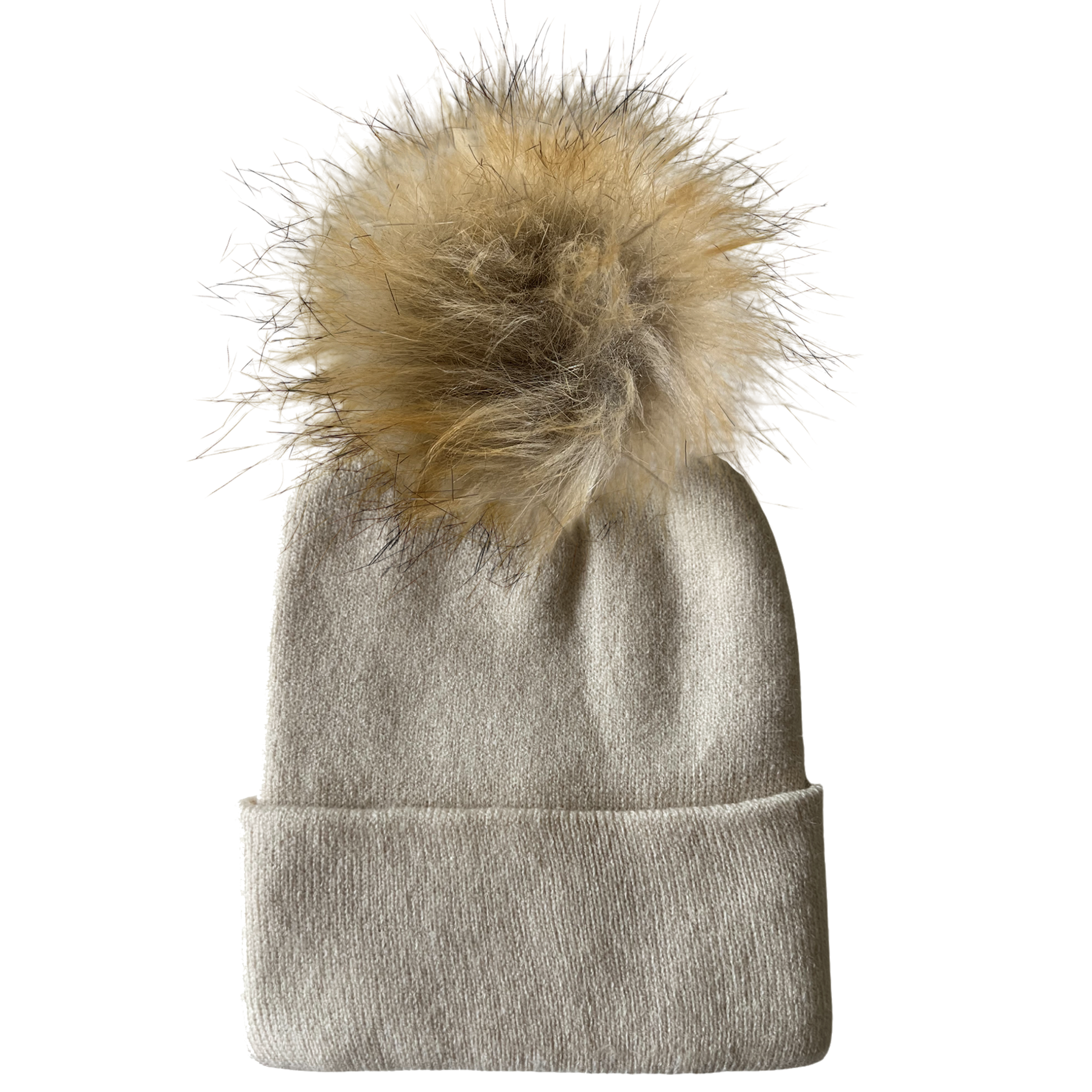 Light beige beanie hat with a fluffy beige pom-pom on top.