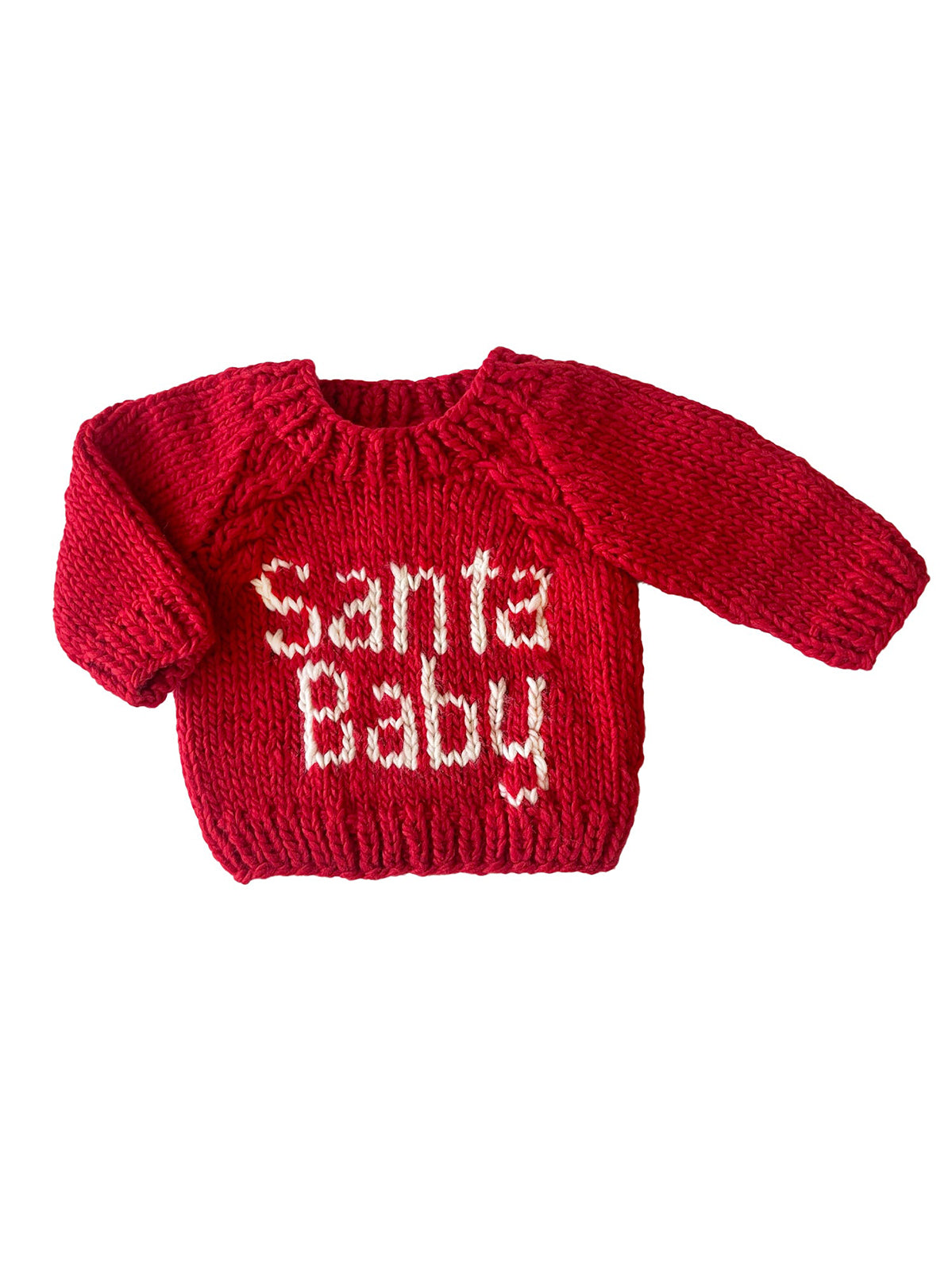 Red knitted sweater with "Santa Baby" text displayed prominently on the front. Perfect for the holiday season.