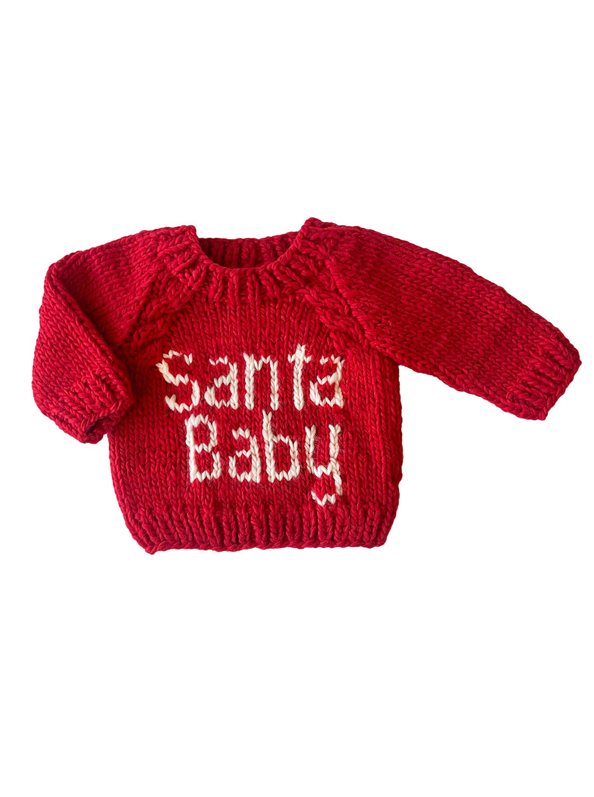 Red knitted sweater with "Santa Baby" text displayed prominently on the front. Perfect for the holiday season.