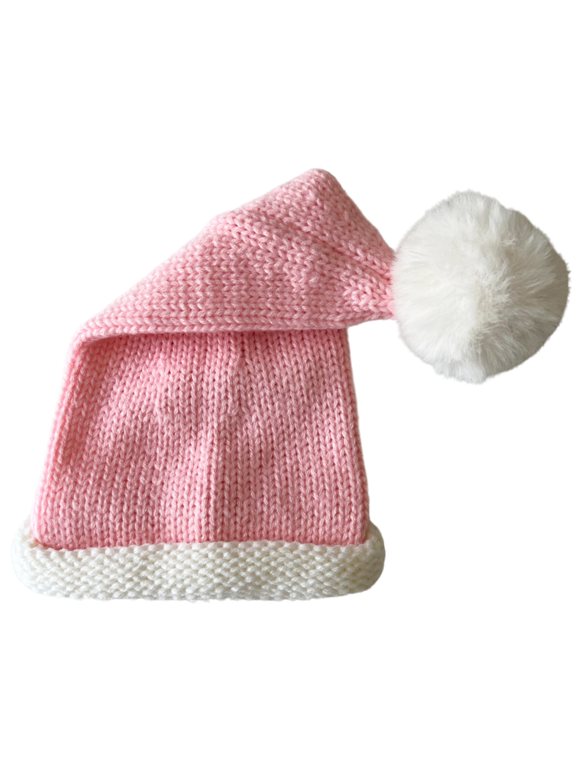 Pink knitted winter hat with a white brim and fluffy pom-pom on top.