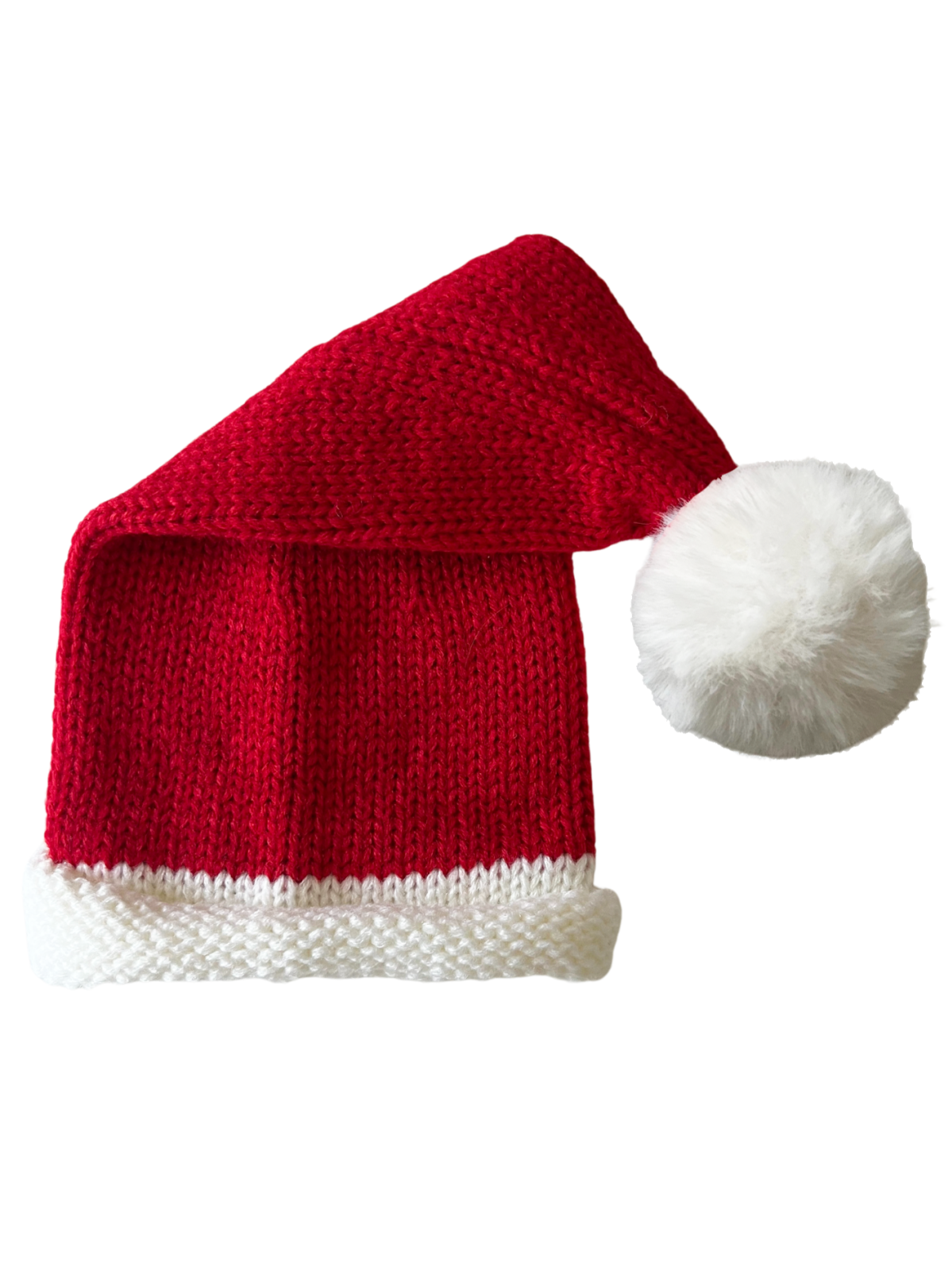 Red knitted Christmas hat with white trim and fluffy pom-pom at the top.