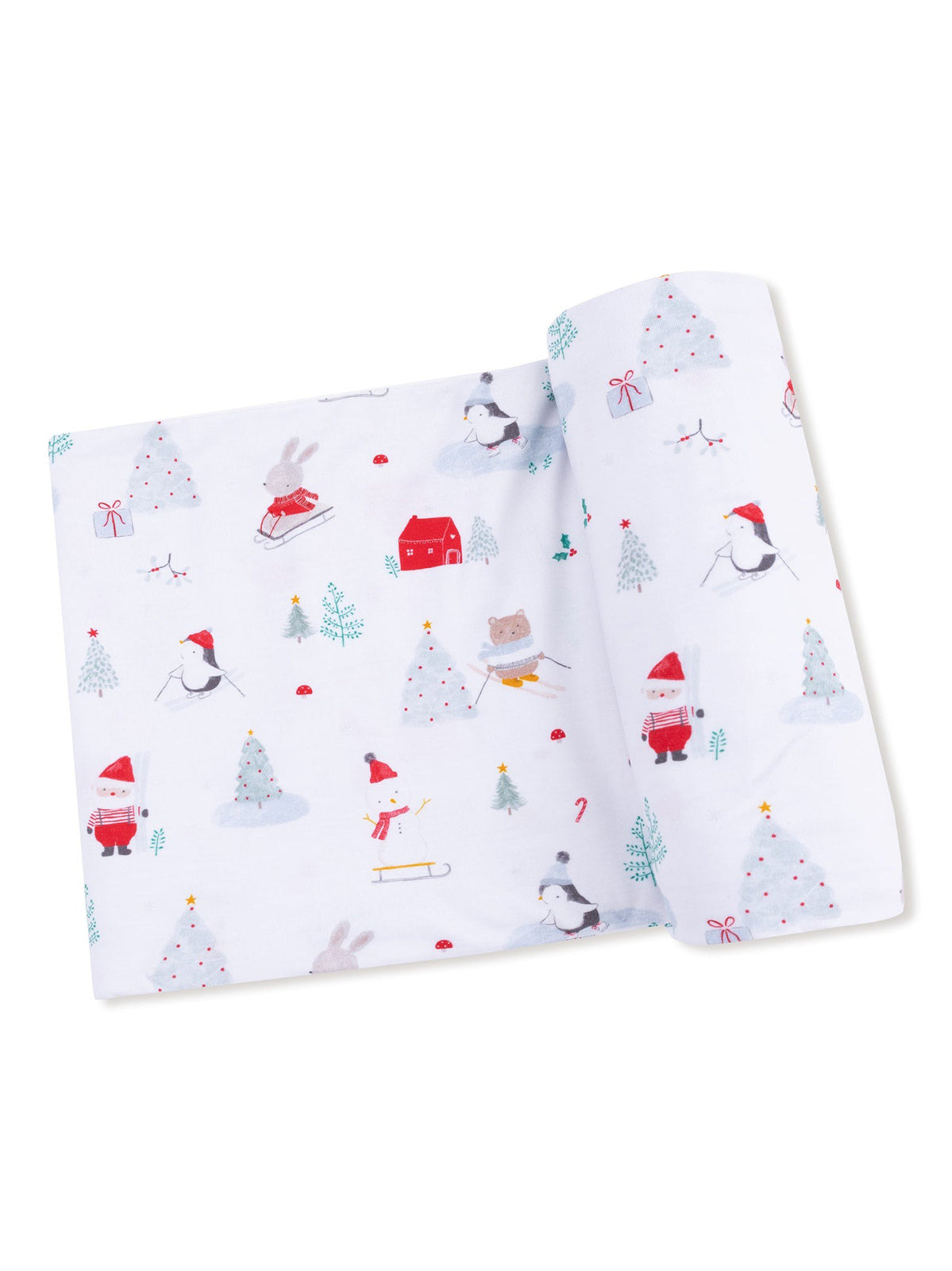 Holiday-themed fabric featuring animals, trees, and gifts in a playful winter scene.