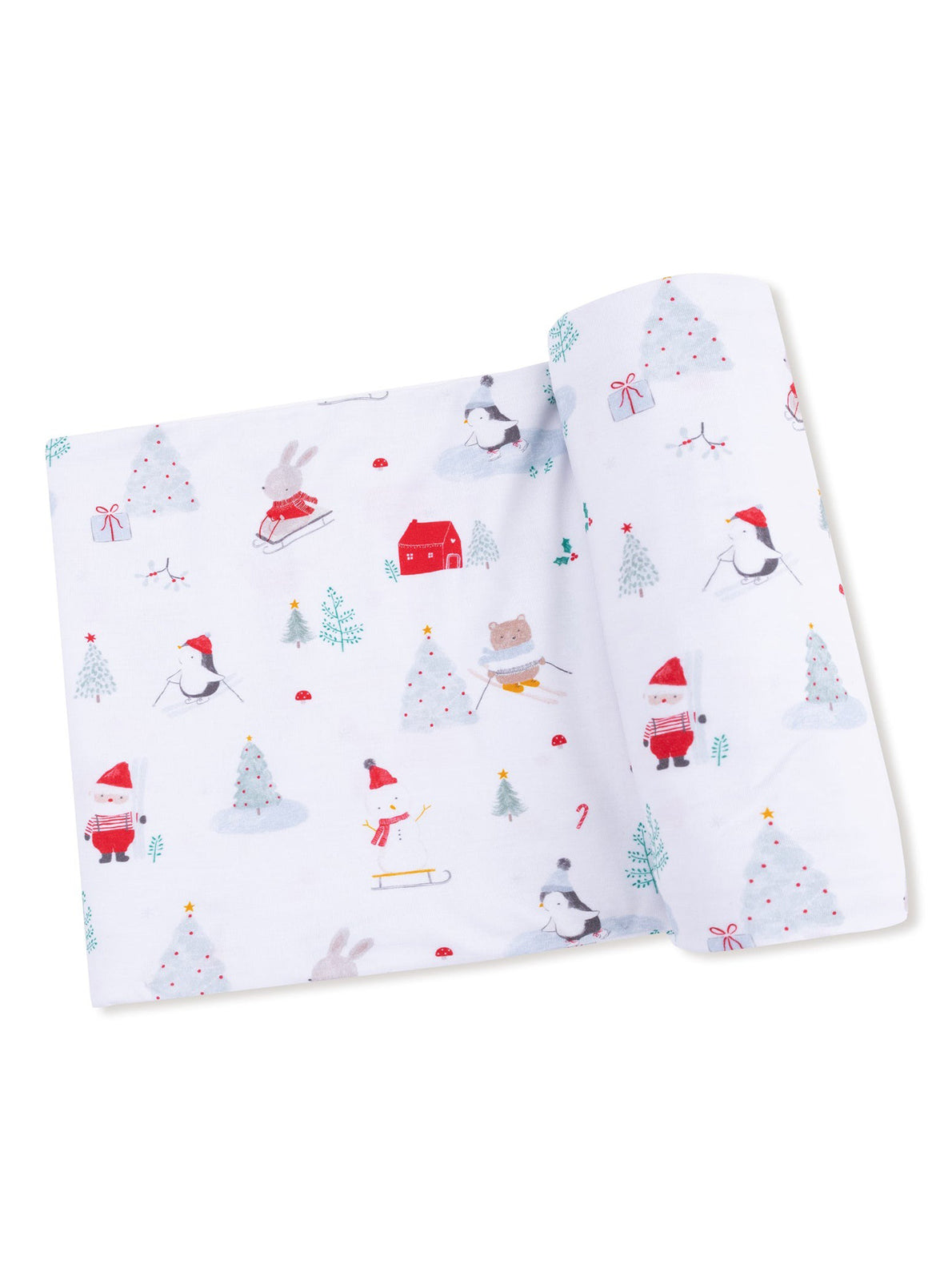 Holiday-themed fabric featuring animals, trees, and gifts in a playful winter scene.