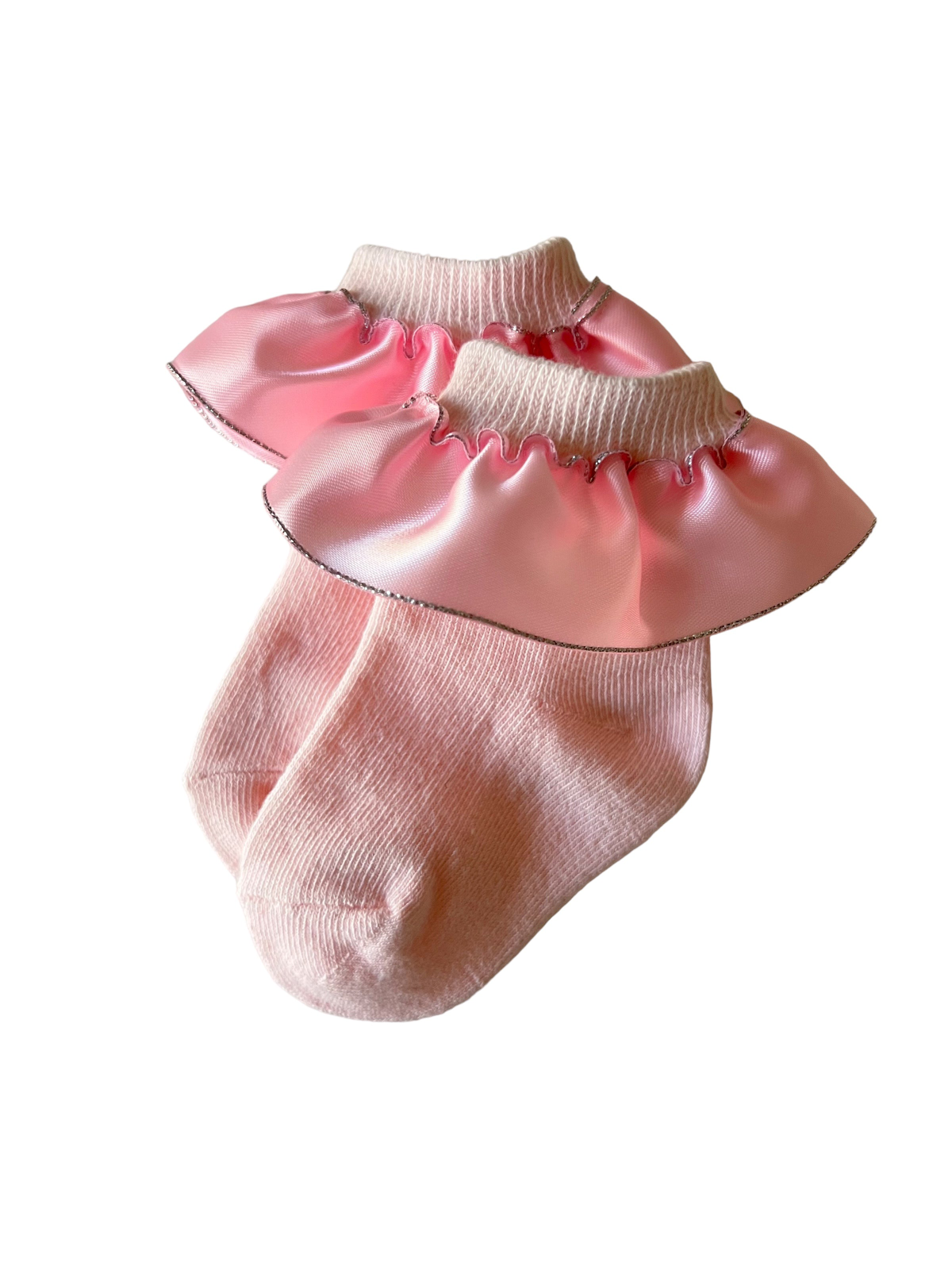 Pink socks with ruffled satin cuffs, designed for a cute and stylish look for children.