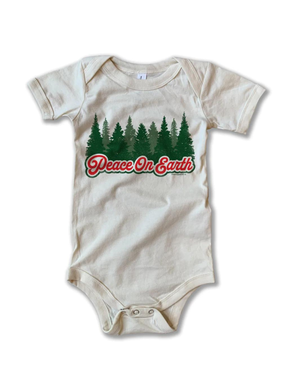 Beige infant onesie with "Peace On Earth" text and green tree graphic.
