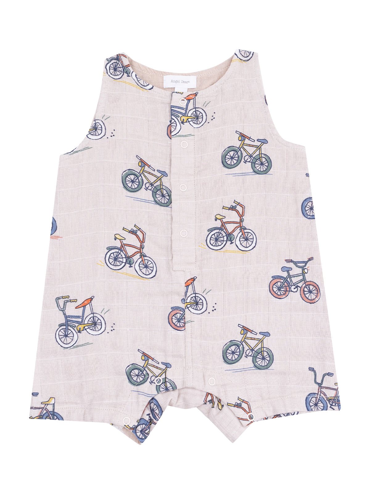 Light beige romper featuring colorful bicycle prints and snap buttons, perfect for toddlers' casual outfits.