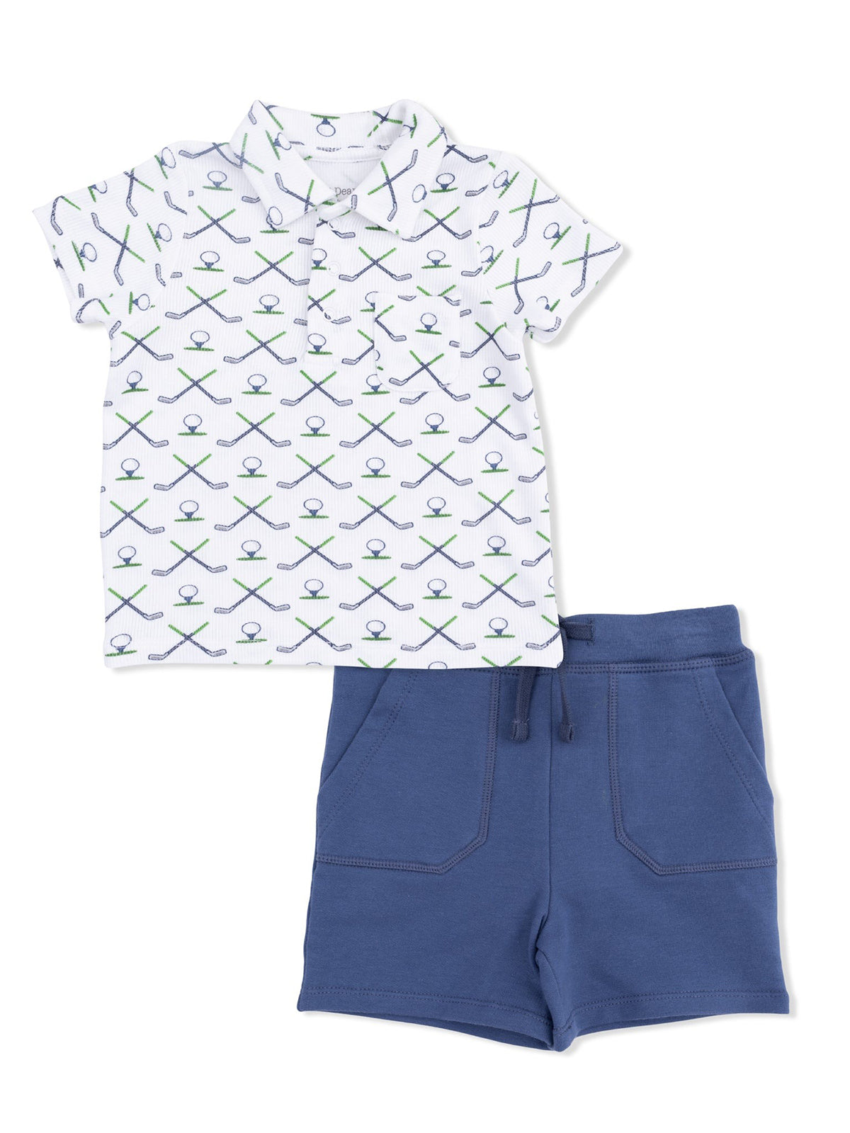 Boys' outfit featuring a white polo with green and blue patterns and navy blue shorts.