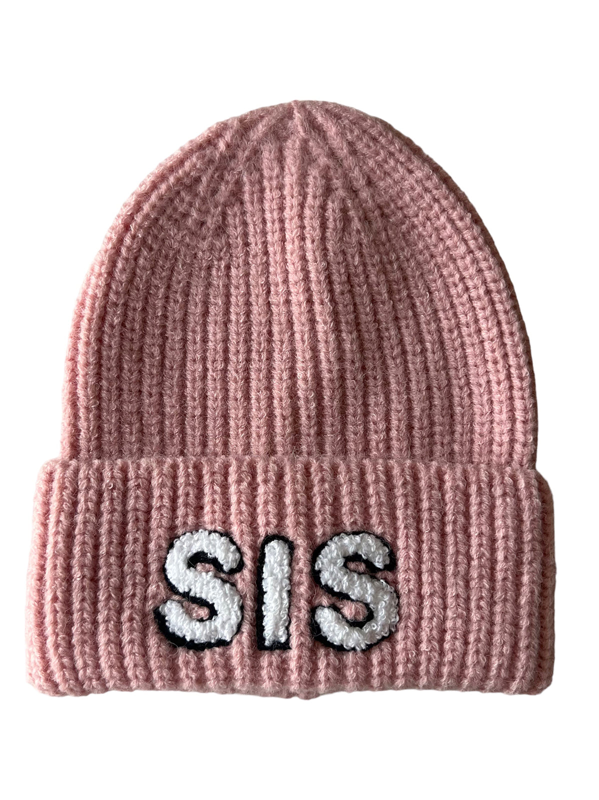 Pink knitted beanie hat with the word "SIS" embroidered on the front.