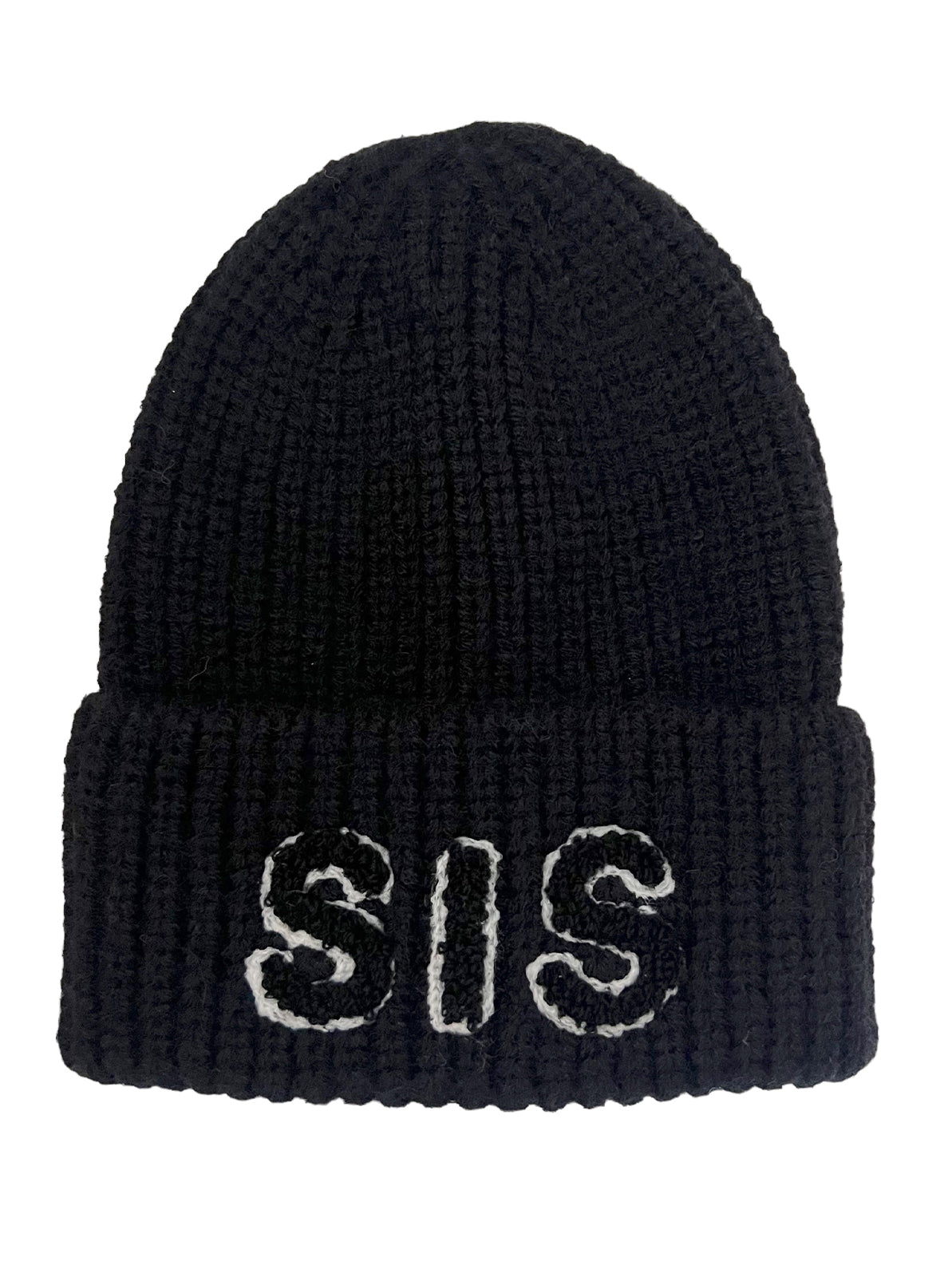 Black knit beanie with the word "SIS" prominently displayed in white letters.
