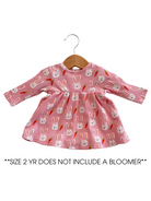 Pink dress with bunny print, size 2 years, displayed on a hanger. Note: bloomers not included.