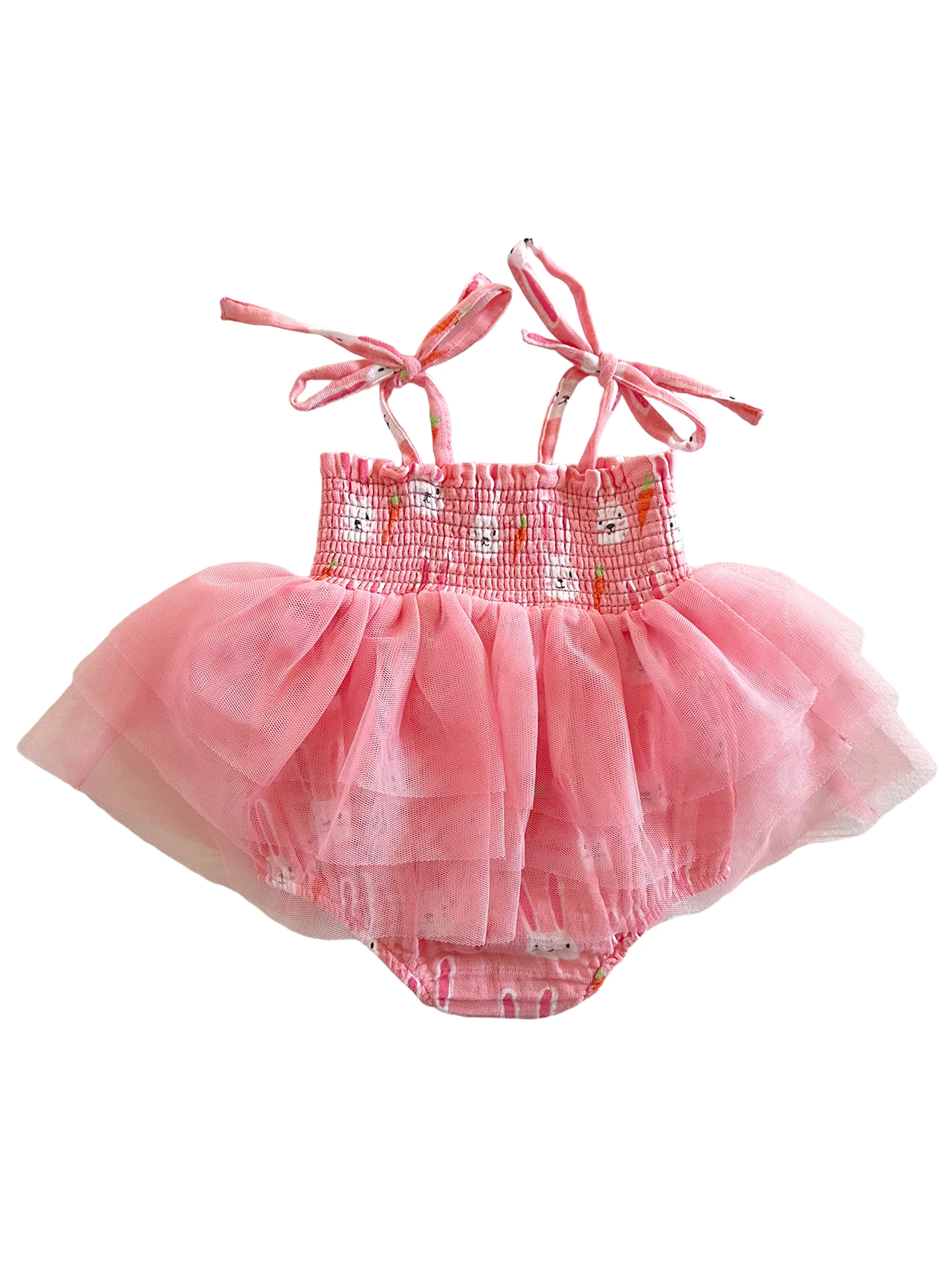 Pink toddler dress with ruffled tulle skirt and spaghetti straps, featuring a playful floral design.