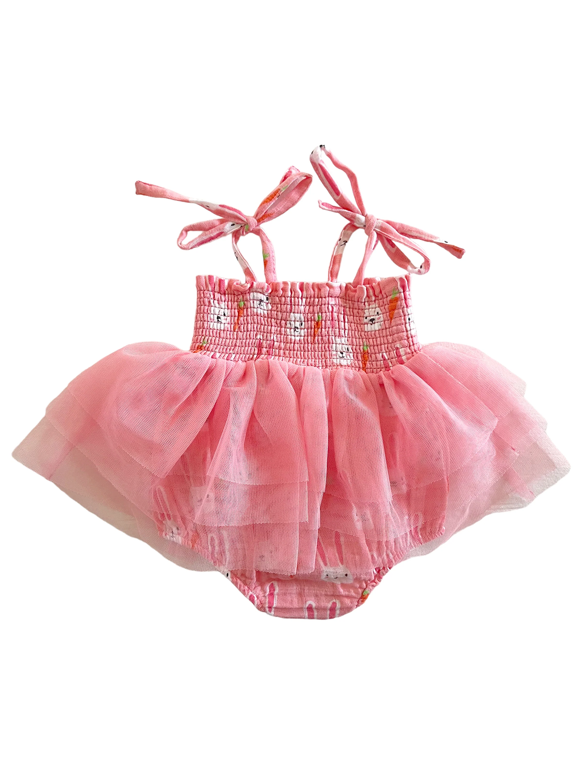 Pink toddler dress with ruffled tulle skirt and spaghetti straps, featuring a playful floral design.