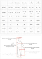 Infant growth chart with size measurements for height, weight, chest, waist, hip, inseam, and head from 3 to 24 months.