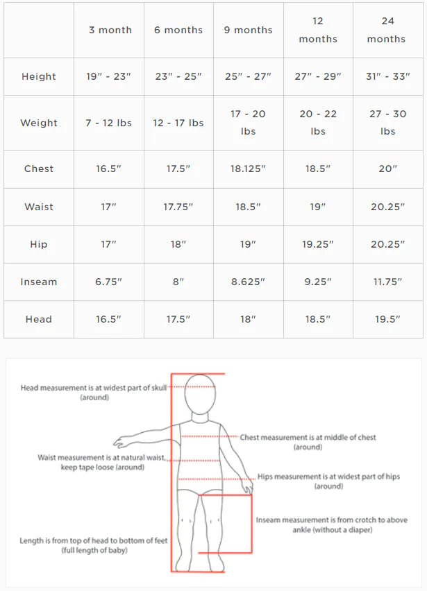 Infant growth chart with size measurements for height, weight, chest, waist, hip, inseam, and head from 3 to 24 months.