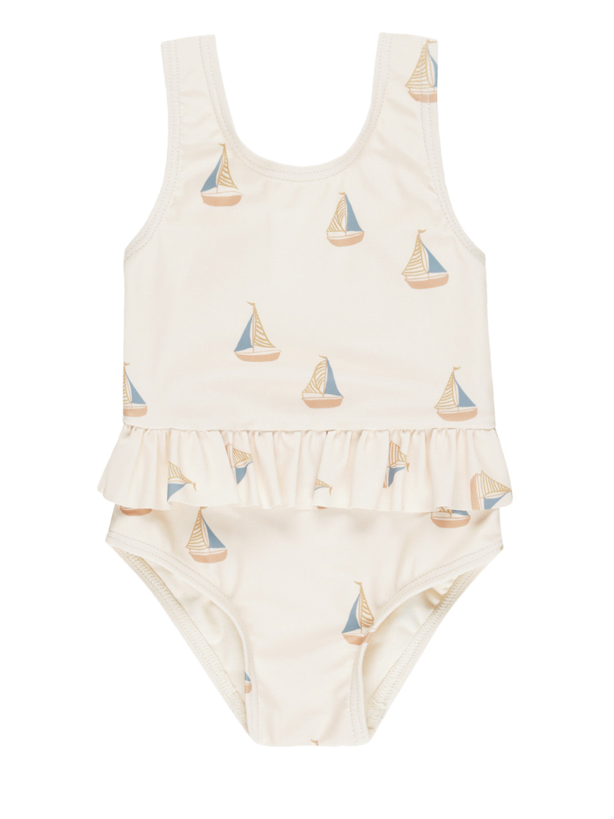 Cream swimsuit with ruffled trim and playful boat pattern, perfect for summer fun.