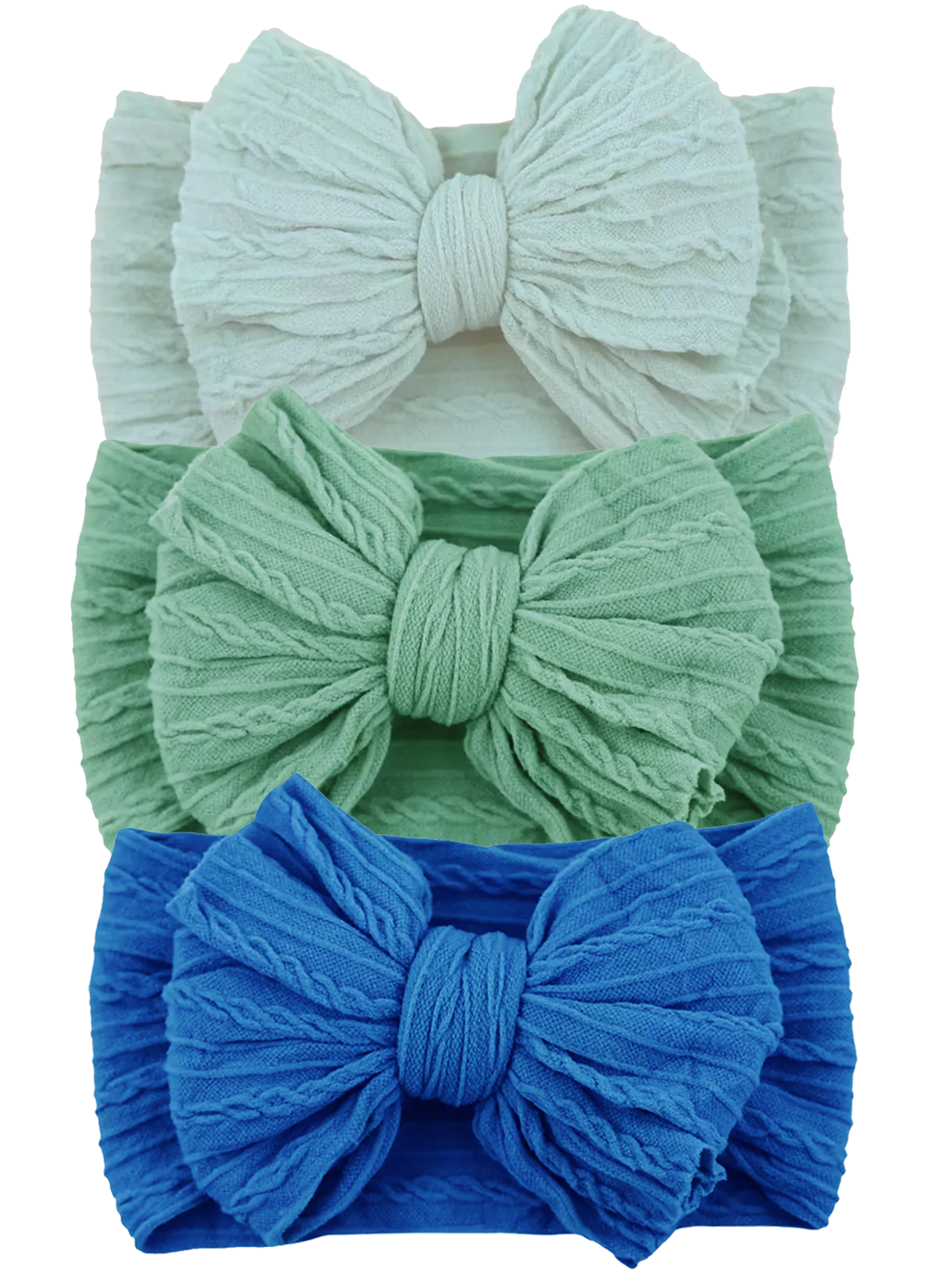 Three textured headbands in mint, green, and blue with large bows, stacked vertically on a white background.