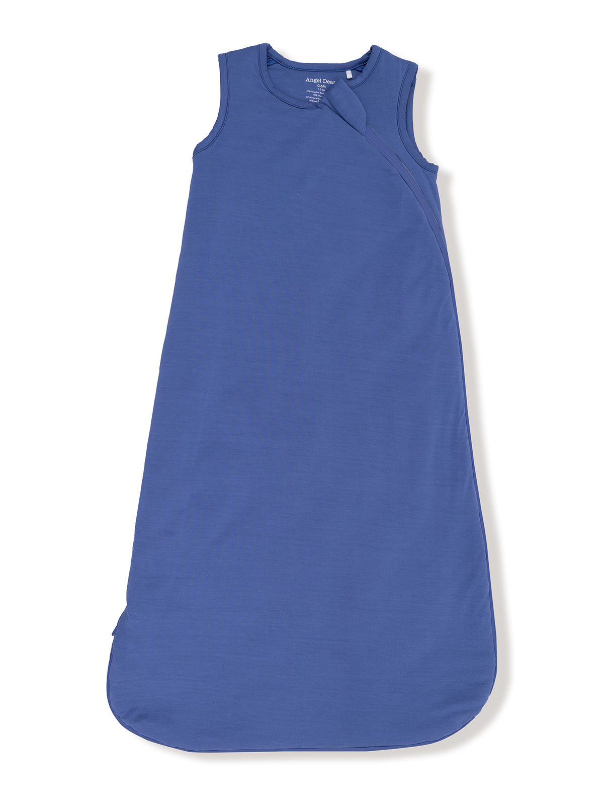 Blue sleep sack with sleeveless design and rounded bottom for infants. Ideal for comfortable sleeping.