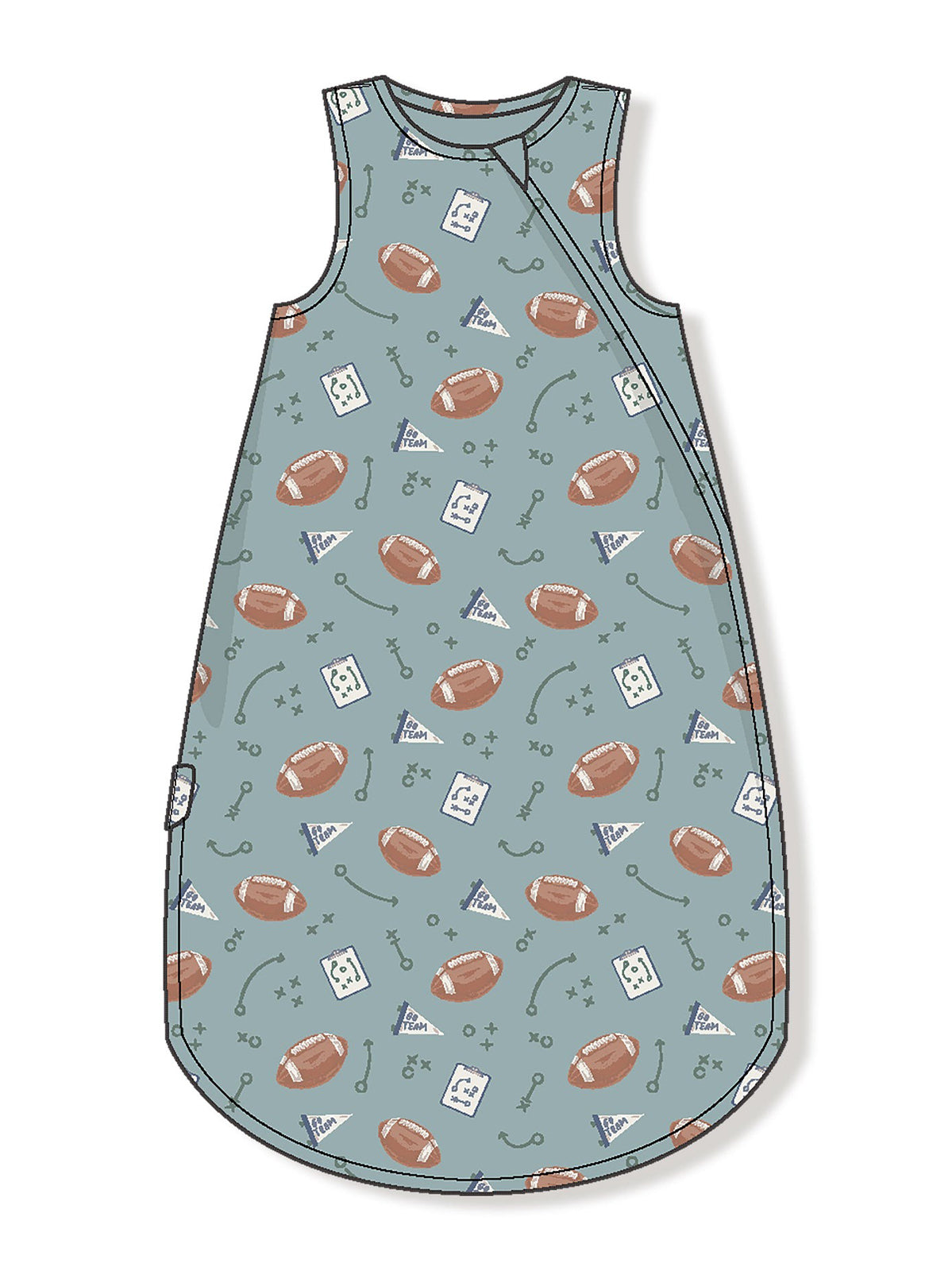 Football-themed sleep sack with patterns of footballs, play diagrams, and team flags on a soft blue background.
