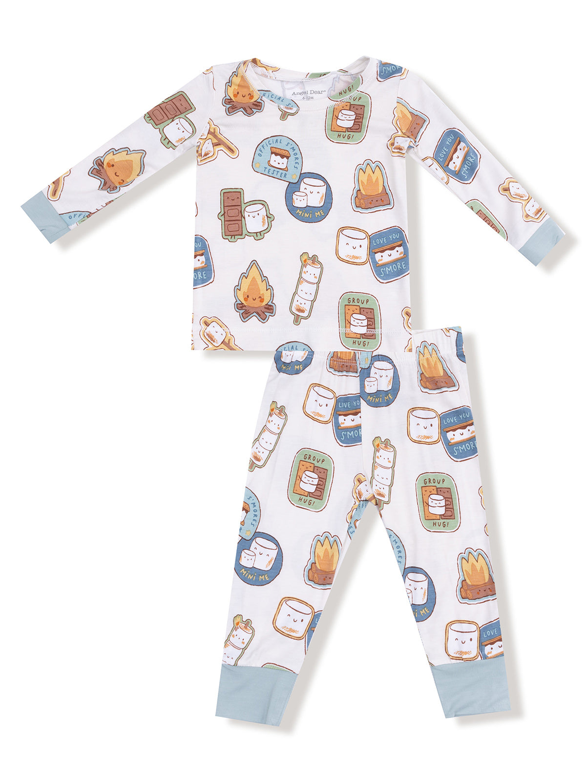 Kids' pajama set featuring playful s'mores and camping-themed graphics on a white background.