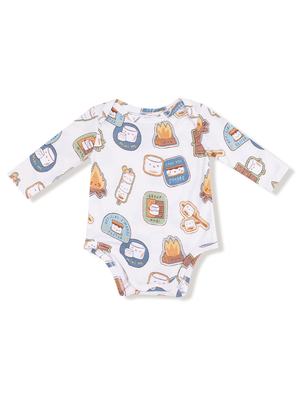 White long-sleeve baby onesie with colorful s'mores-themed cartoon patterns.