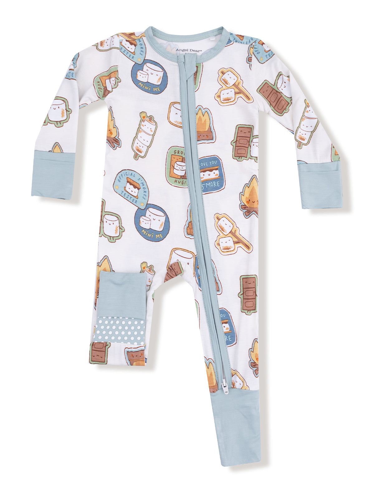 Children's pajama onesie featuring cute s'mores and fire patterns, with a front zipper and light blue accents.