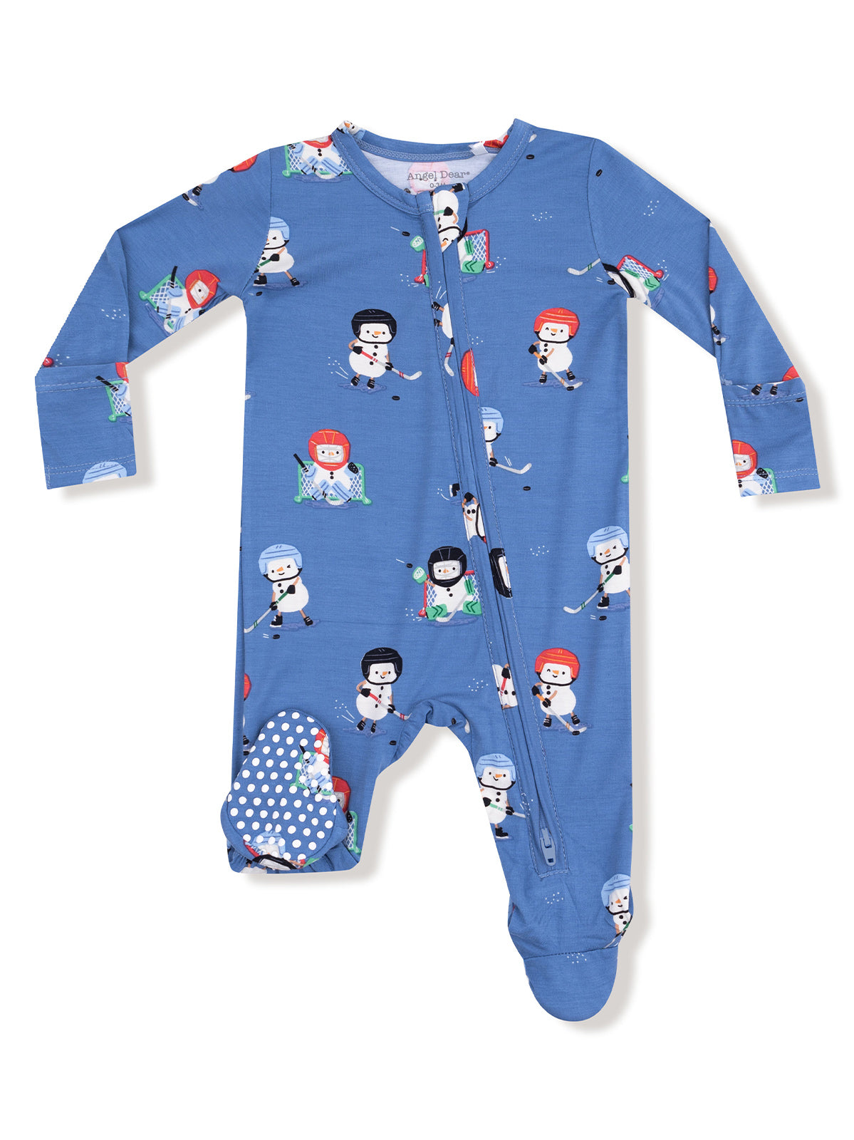 Blue pajama with hockey-themed print featuring playful snowmen in various hockey gear and activities.