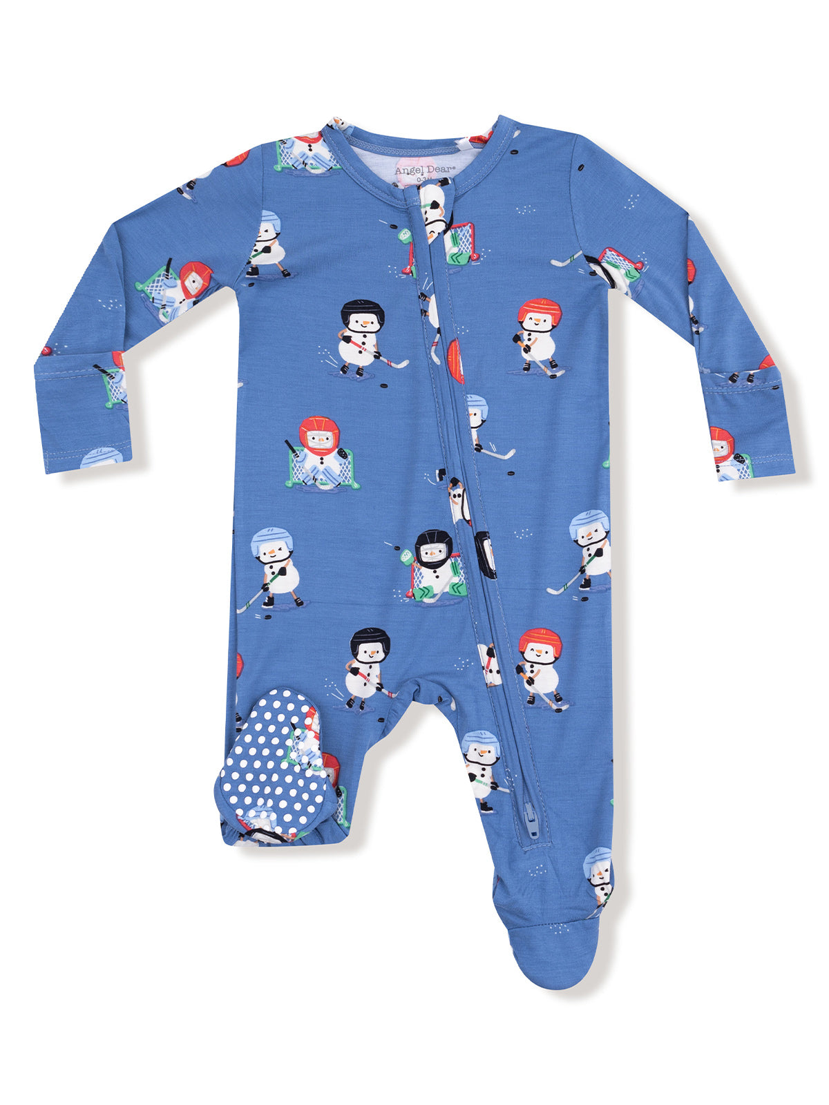 Blue pajama with hockey-themed print featuring playful snowmen in various hockey gear and activities.