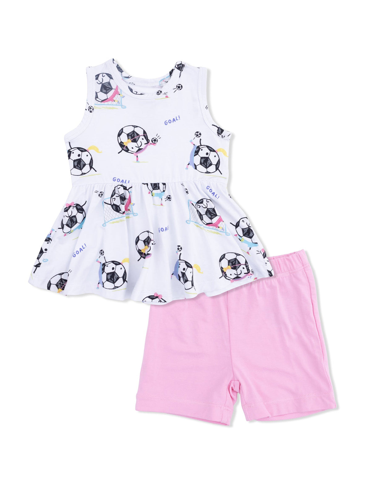 White sleeveless dress with soccer-themed print and pink shorts. Perfect for active play.