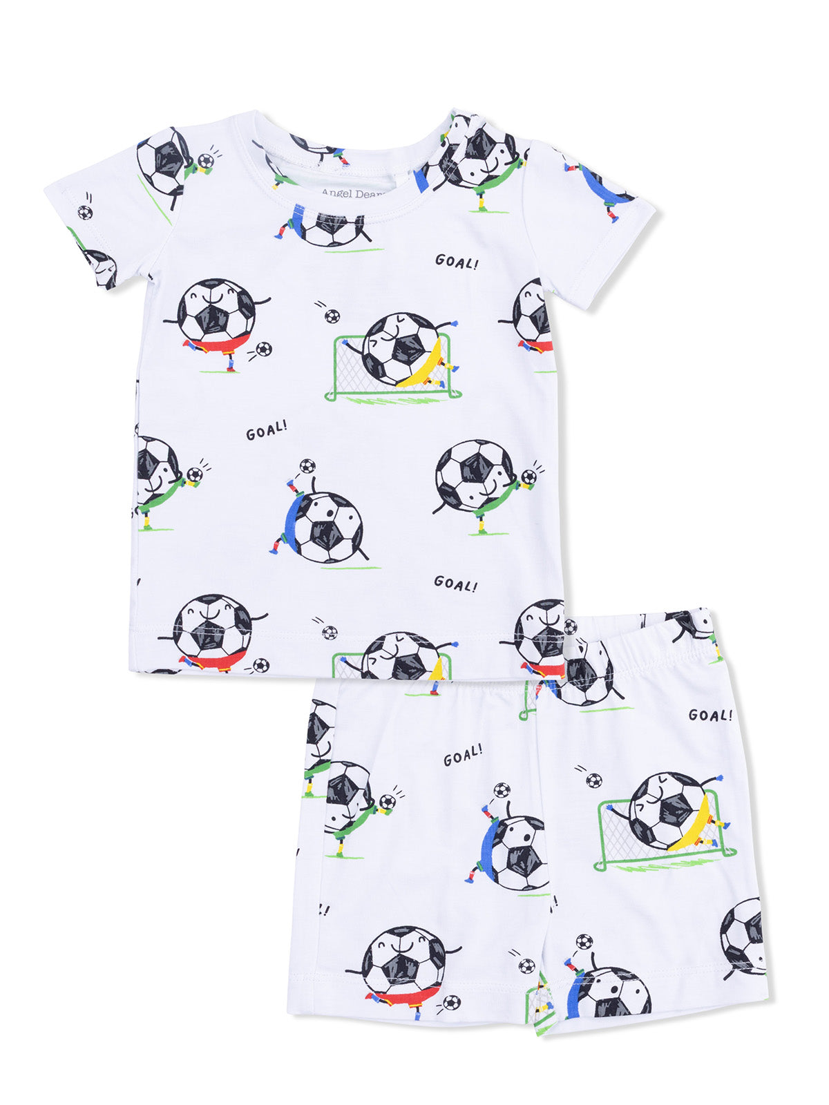 Children's soccer-themed pajama set featuring playful illustrations of soccer balls and players.