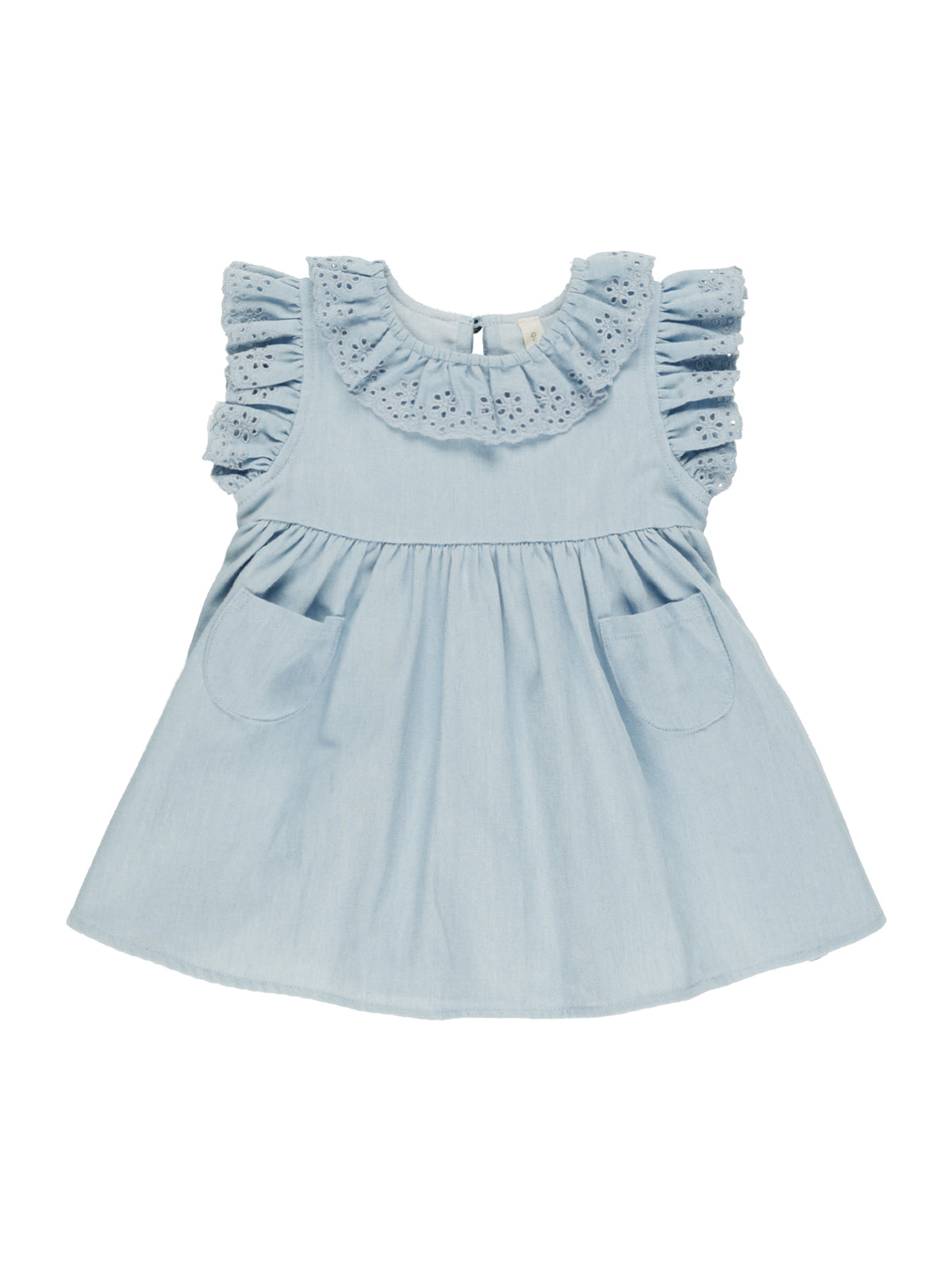 Light blue dress with ruffled sleeves and pockets, featuring eyelet lace detailing on the neckline.