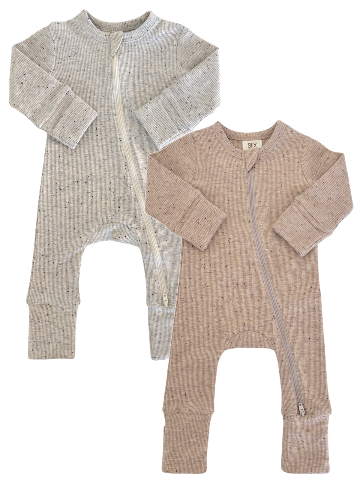 Two baby romper suits in gray and beige, featuring a zip closure and ribbed texture. Perfect for infants.