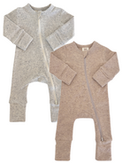 Two baby romper suits in gray and beige, featuring a zip closure and ribbed texture. Perfect for infants.