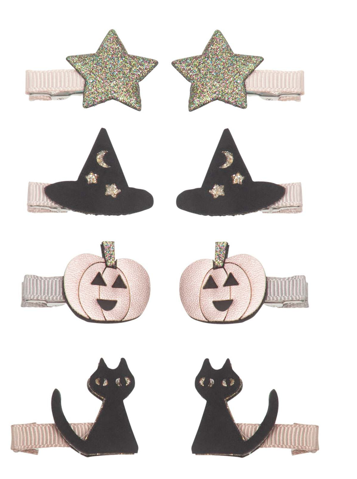 Set of Halloween-themed hair clips featuring stars, witches, pumpkins, and black cats. Perfect for festive styles!