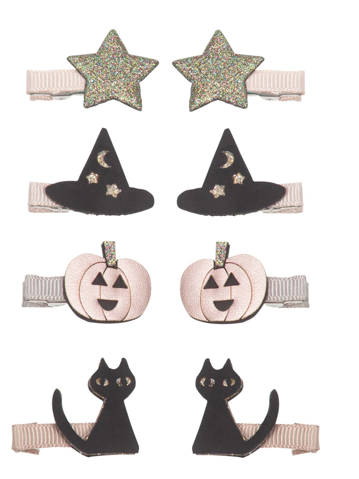 Set of Halloween-themed hair clips featuring stars, witches, pumpkins, and black cats. Perfect for festive styles!