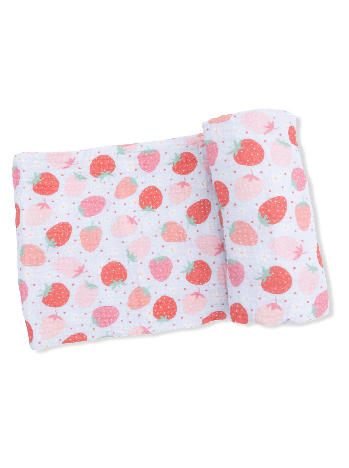 Pink and red strawberry-patterned blanket, softly folded with a light background.