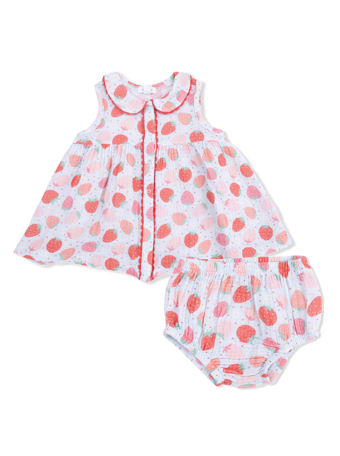 Toddler outfit featuring a sleeveless strawberry-patterned dress and matching bloomers.