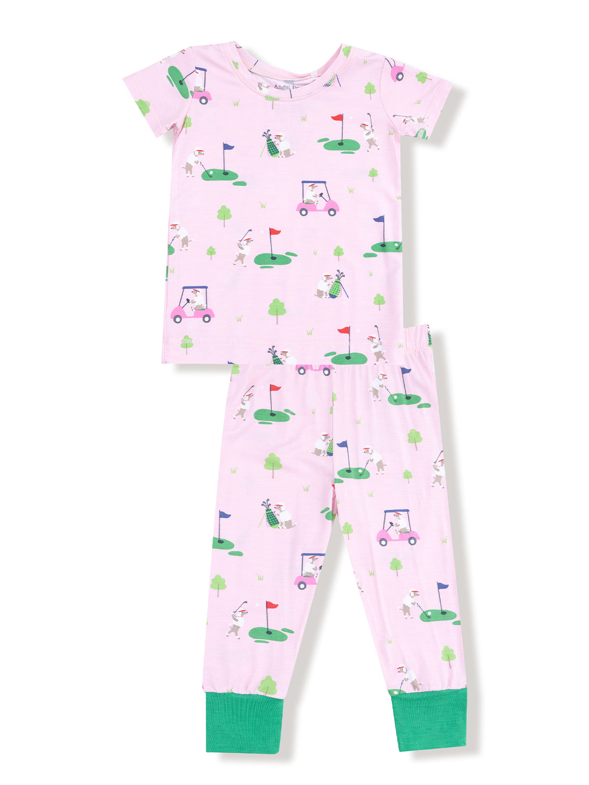 Pink golf-themed children's pajama set featuring playful designs of golfers and golf carts.